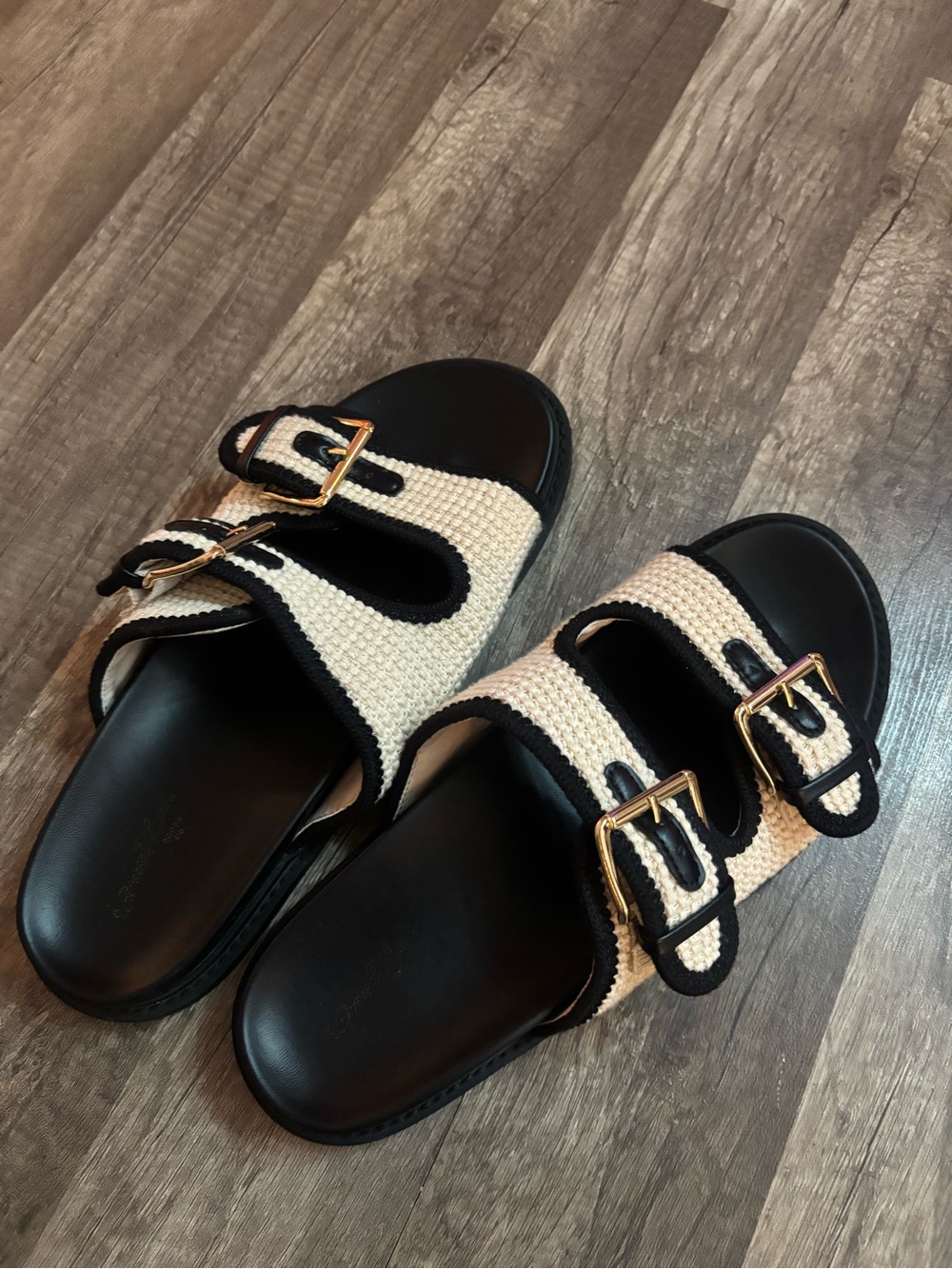 Universal Thread Cream and Black Woven Double-Buckle Slide Sandals